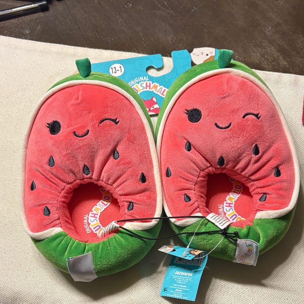 Squishmallows Pink and Green Watermelon Slippers